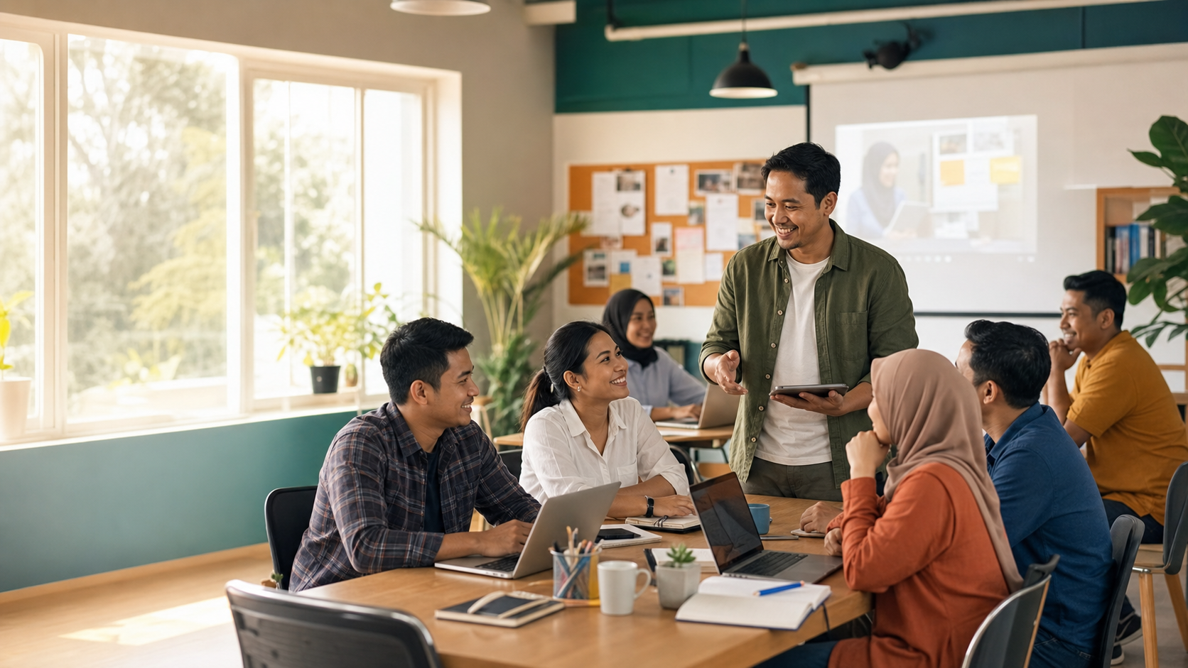 Fasilitator komunitas membimbing peserta belajar